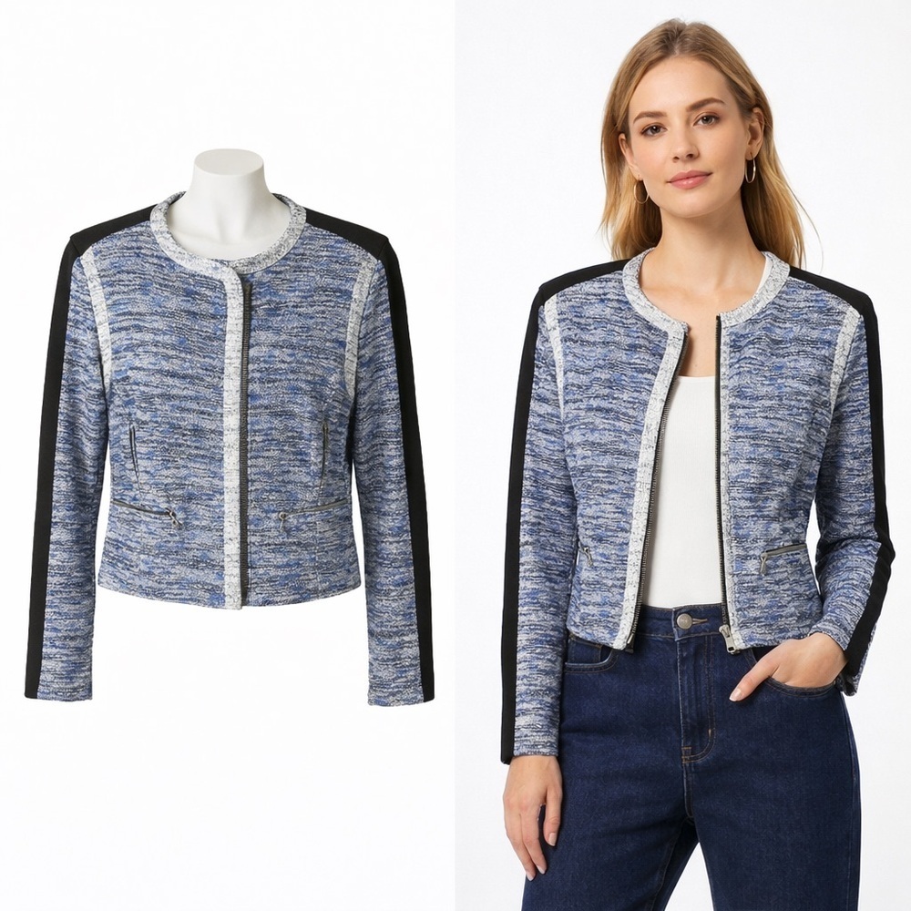 BCBGMAXAZRIA Blue Tweed Zip Cropped Jacket | Moto Style | Size M